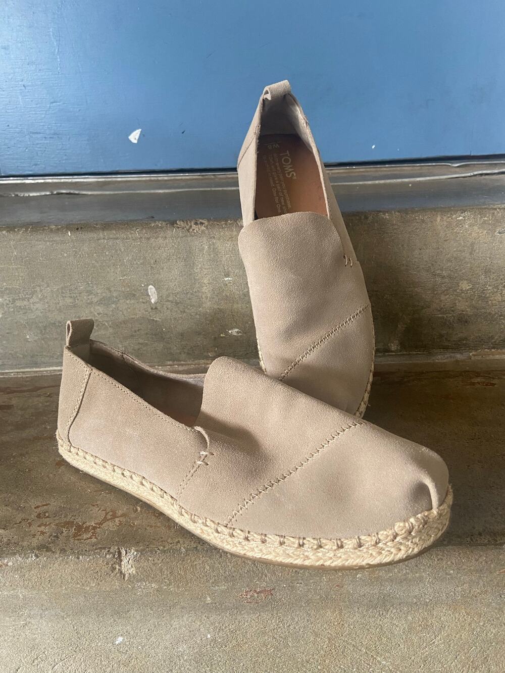 Tom’s taupe suede slip on loafer style espadrille